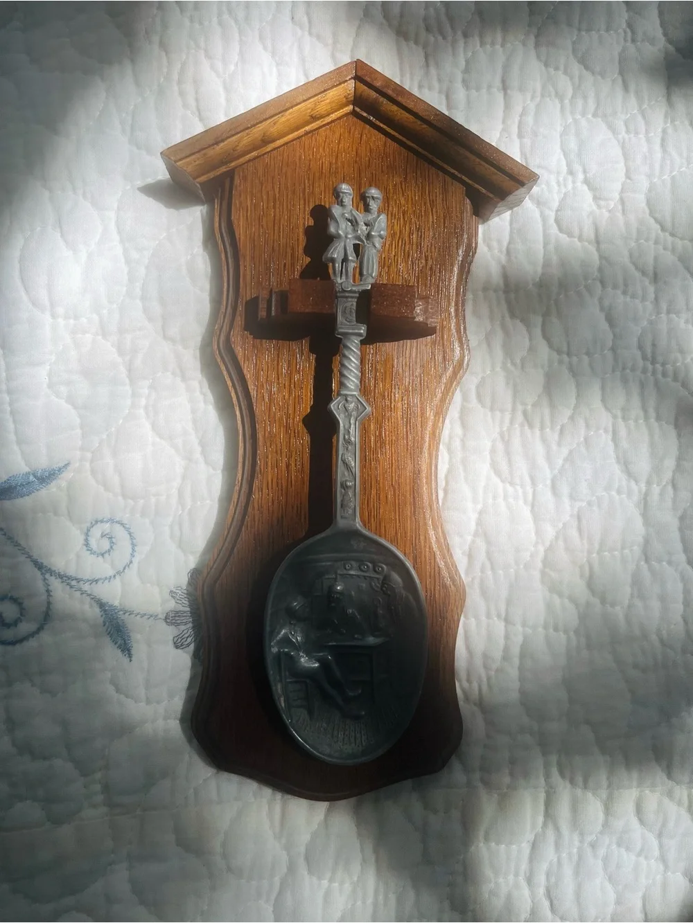 VINTAGE German Pewter Spoon mounted on Wooden Display